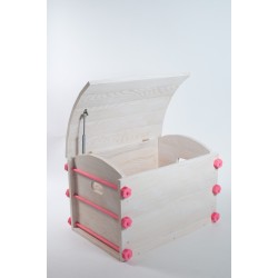 Coffre en bois Oualou en sapin massif teinté blanc et rose