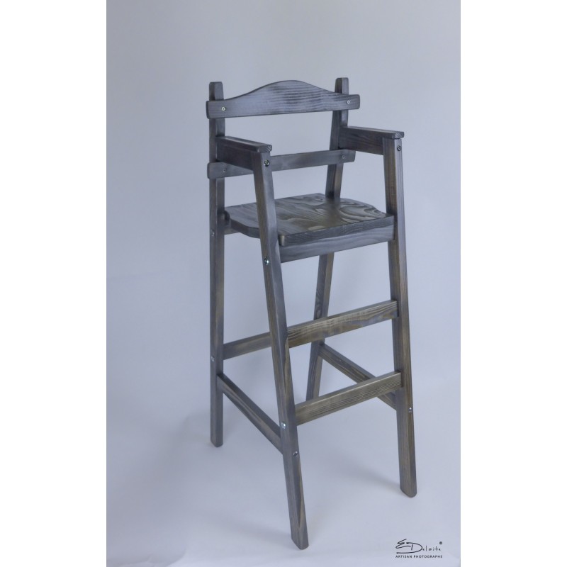 Chaise haute en bois pour table bar "Dahut" en sapin teinté gris foncé